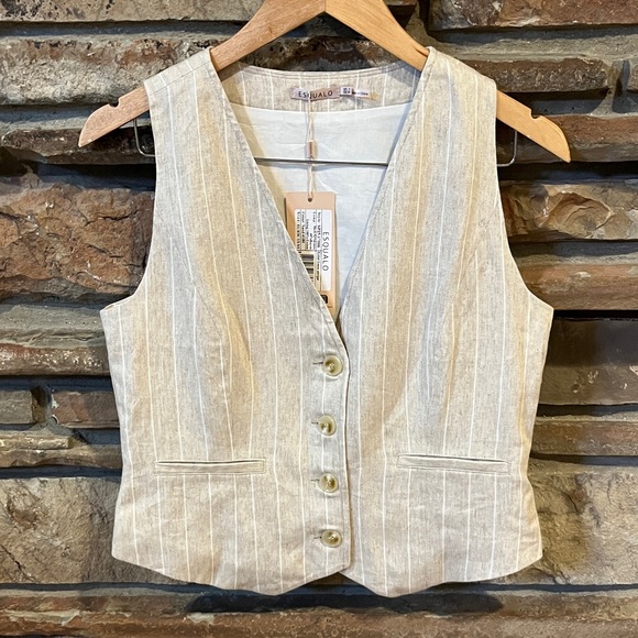 ESQUALO Gilet Linen Blend Beige Pinstriped Vest - Picture 1 of 6